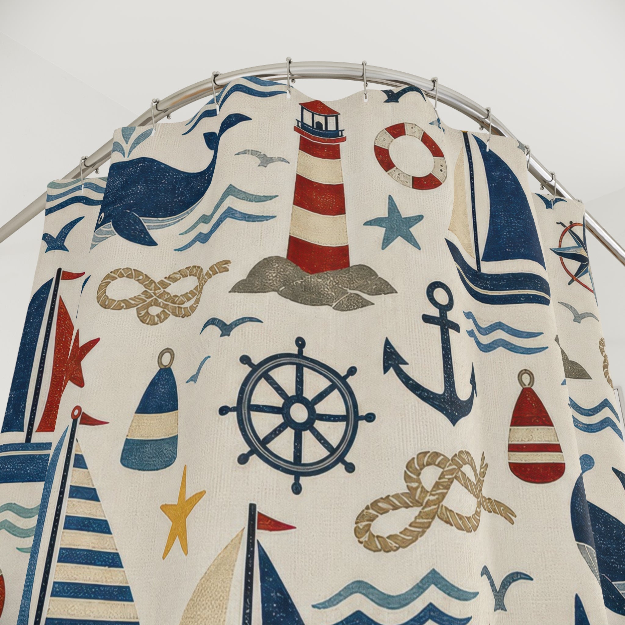 Nautical Kids Shower Curtain, Navy Sailboat Bathroom Decor, Whale Anchor Bath Curtain, Boys Bathroom Decor, Coastal Bath Decor, Kids Bath