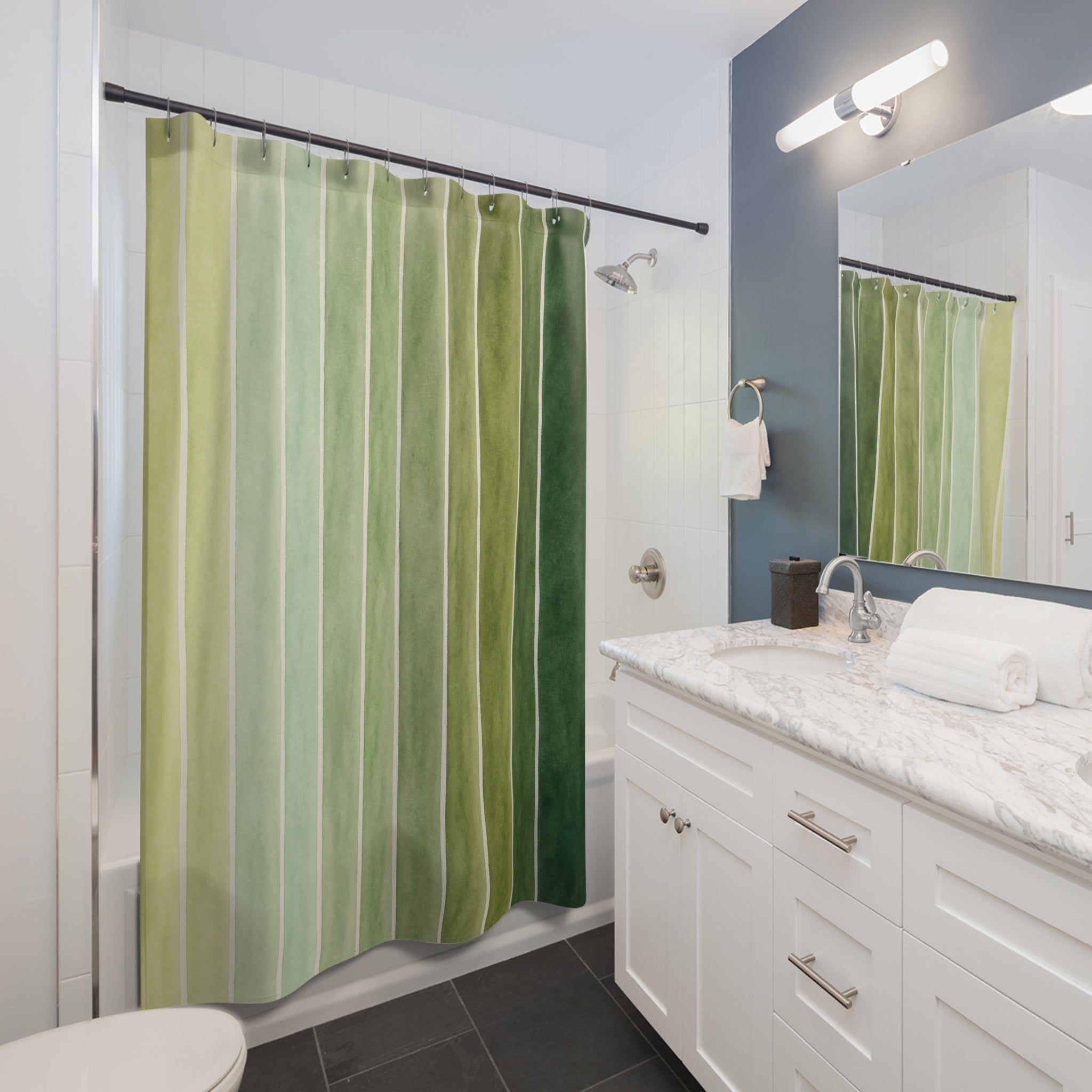 Green Ombre Watercolor Stripe Shower Curtain