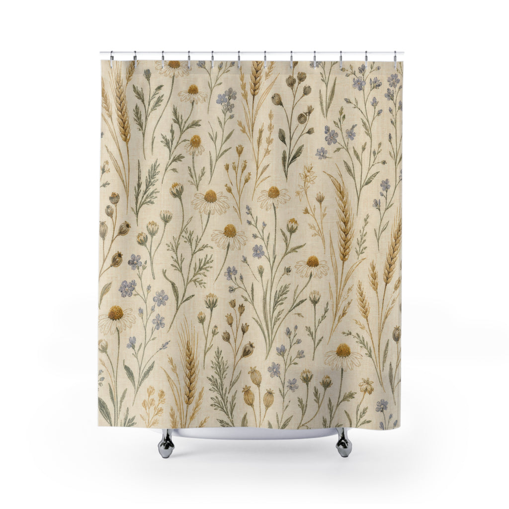 Farmhouse Shower Curtain, Rustic Botanical Bath Decor, Wheat Wildflower Pattern, Country Guest Bathroom Decor, Cream Meadow Style Decor