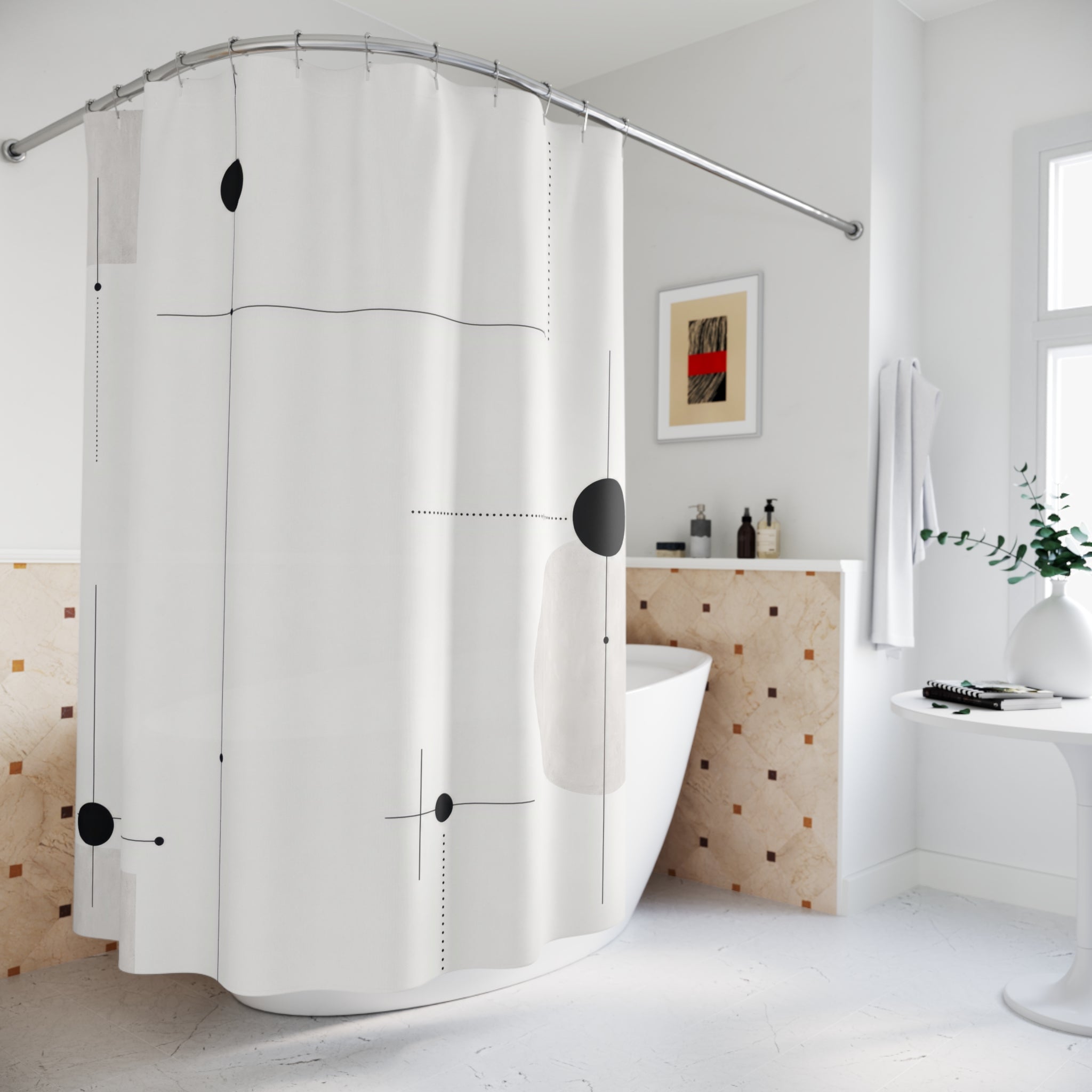 Black White Line Dot Shower Curtain