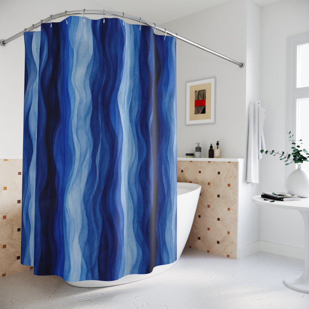 Navy Cobalt Ripple Stripe Shower Curtain