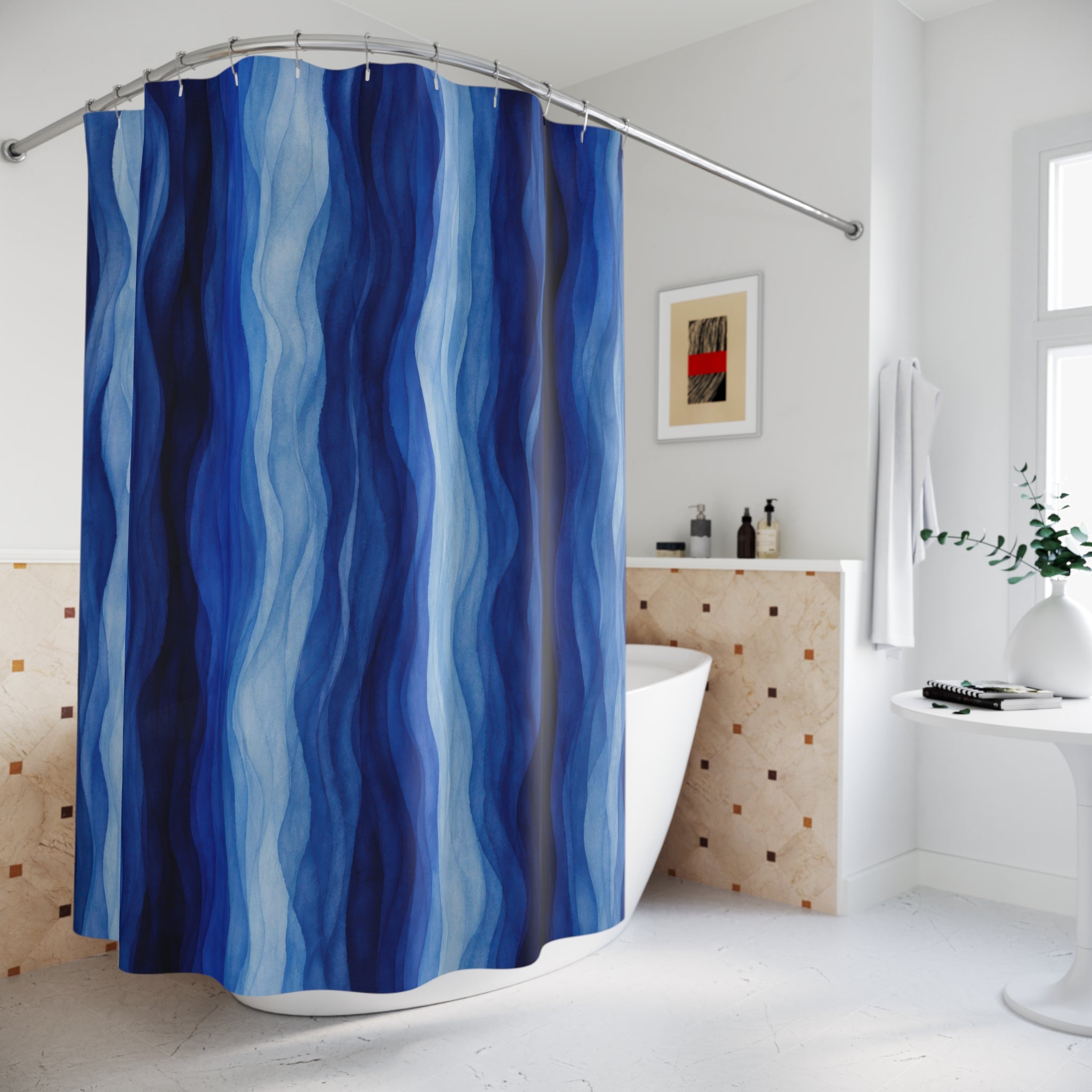 Navy Cobalt Ripple Stripe Shower Curtain