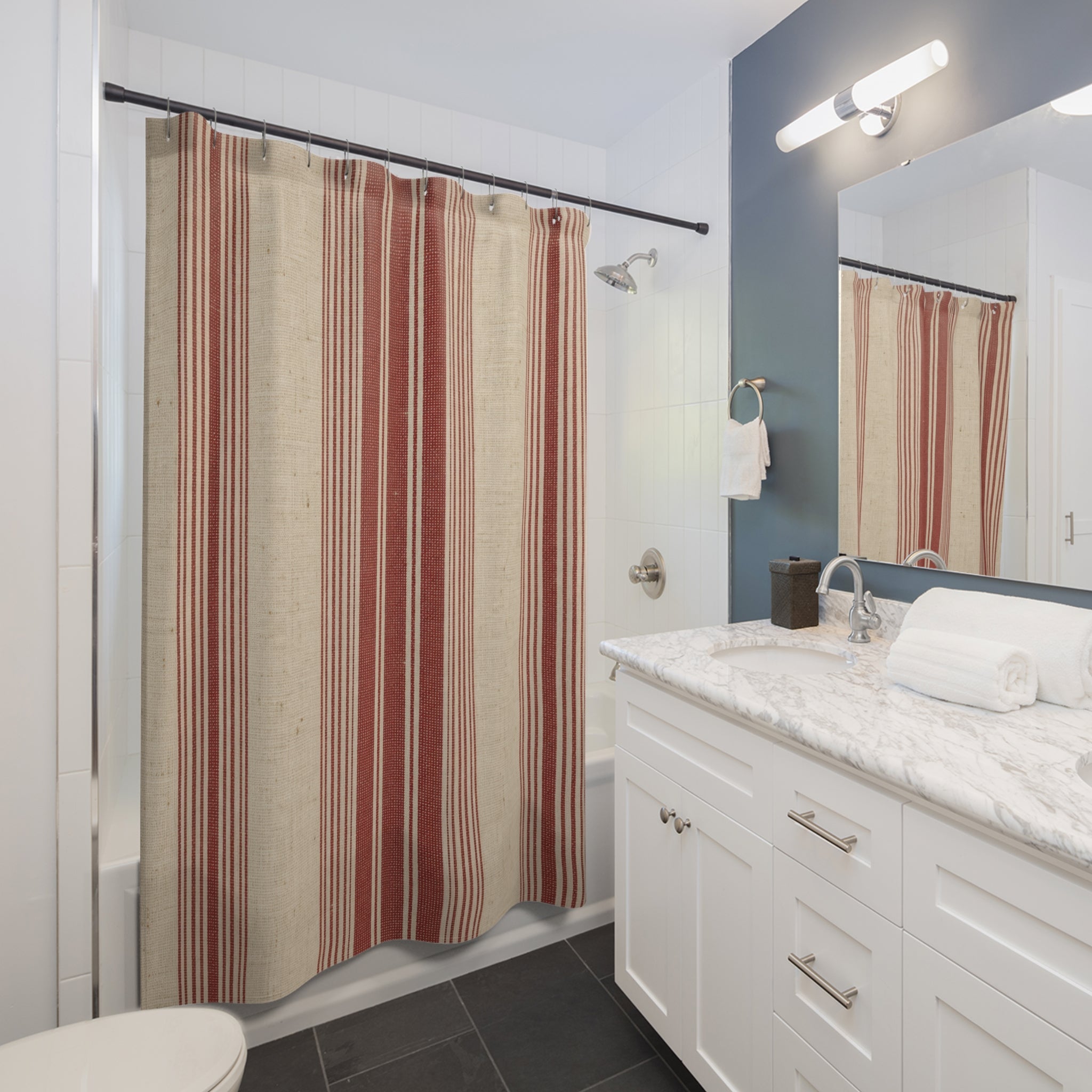 Red and White Grain Sack Shower Curtain: French Country Stripe