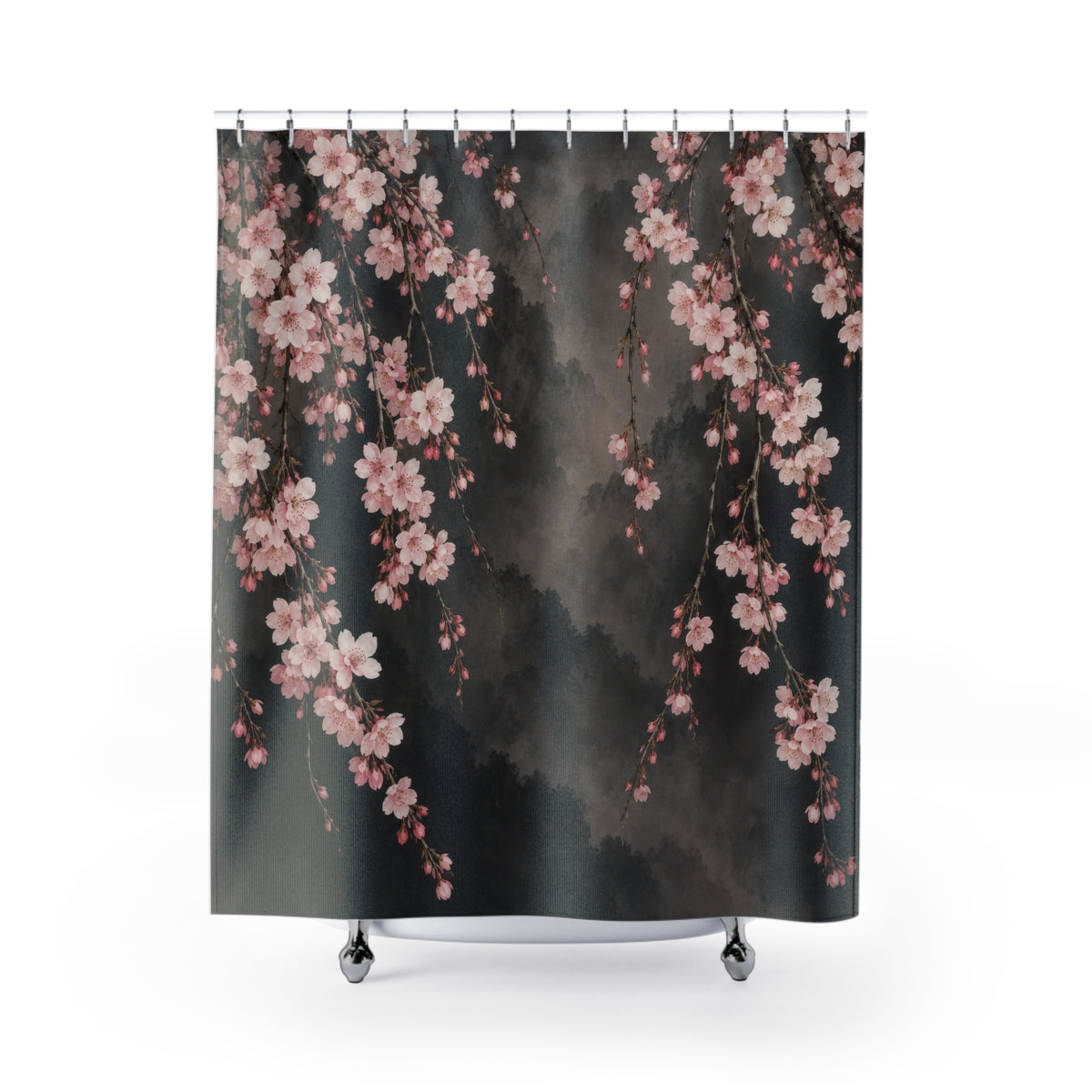 Blush cherry blossom branches on smoky charcoal shower curtain with full front view