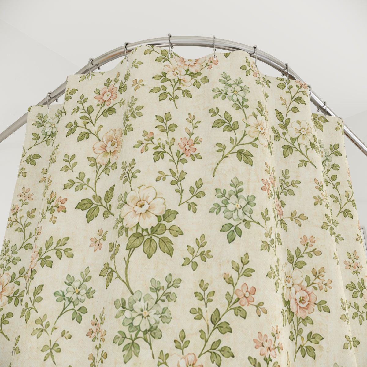 Vintage Chintz Garden Print green shower curtain with close-up print, hooks, and folds