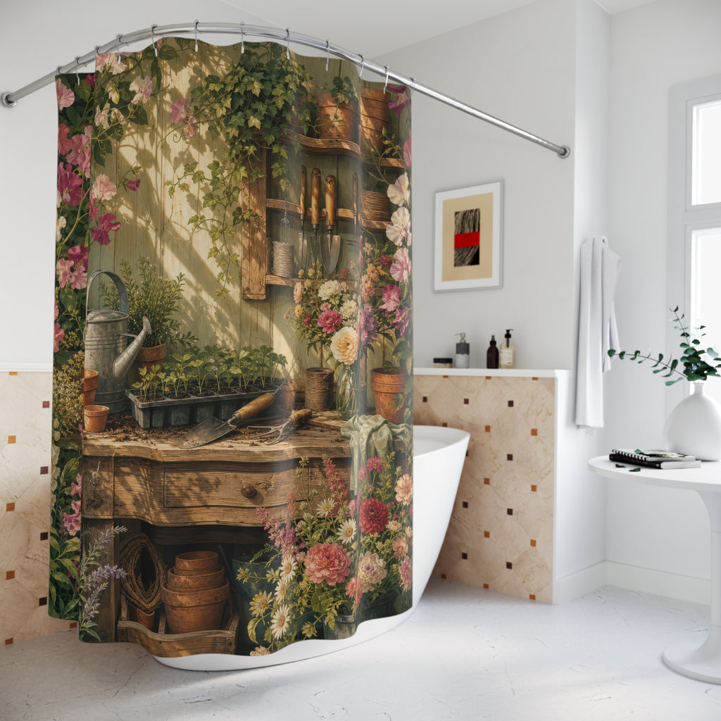 Sunlit Gardener Potting Bench Shower Curtain