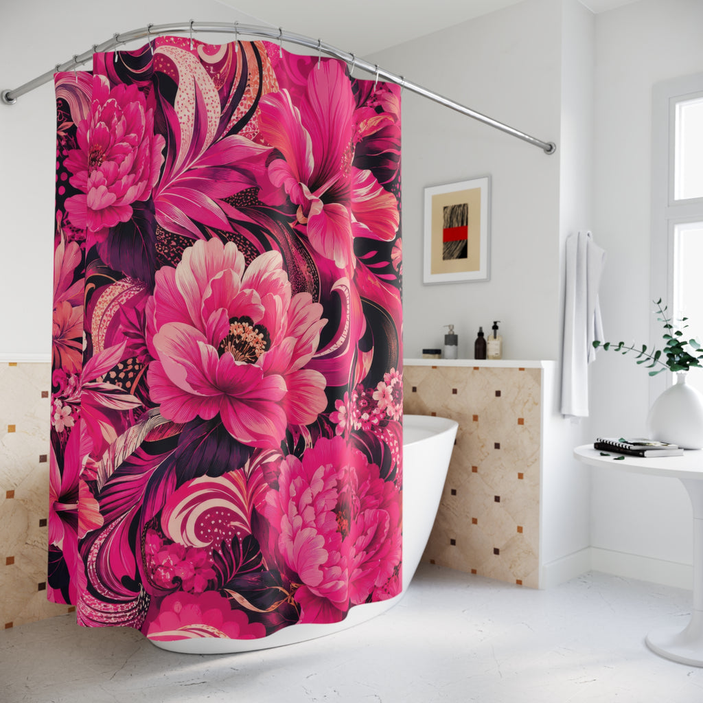 Hot Pink Floral Shower Curtain: Fuchsia Black Maximalist