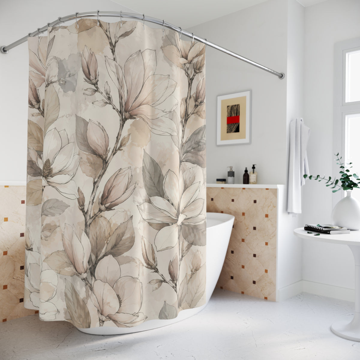 Neutral beige blush magnolia botanical line art shower curtain beside a freestanding tub