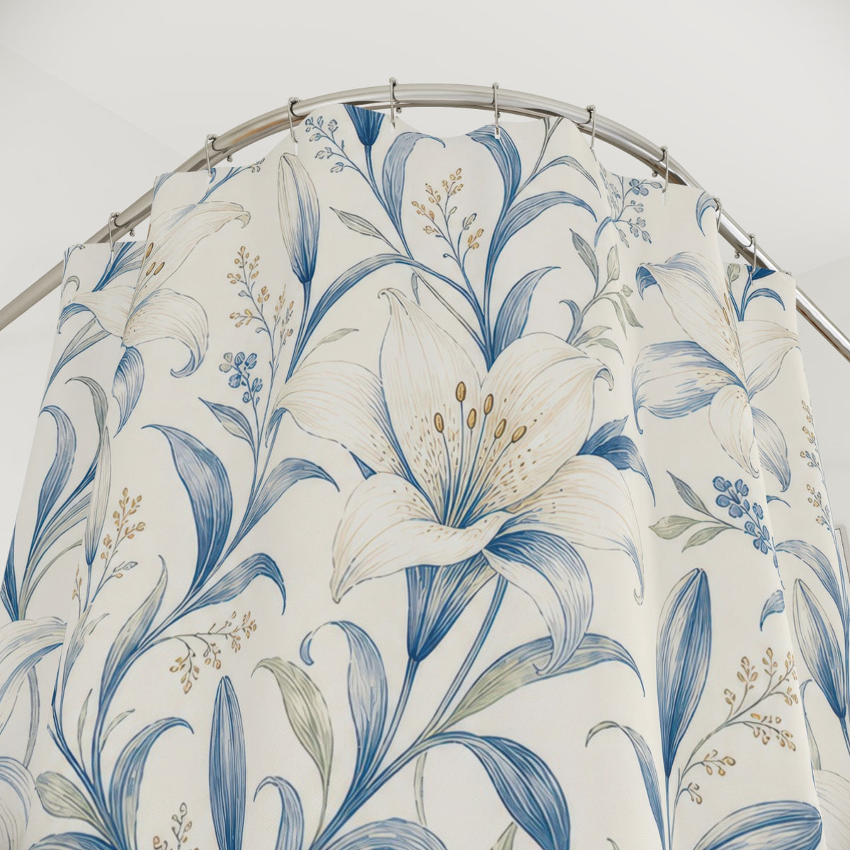 Blue Art Nouveau botanical floral shower curtain with close-up print, hooks, and folds