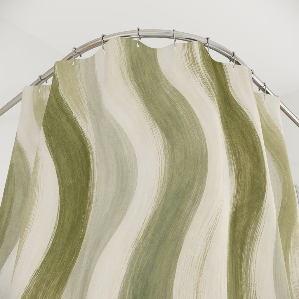 Olive Cream Wave Stripe Shower Curtain