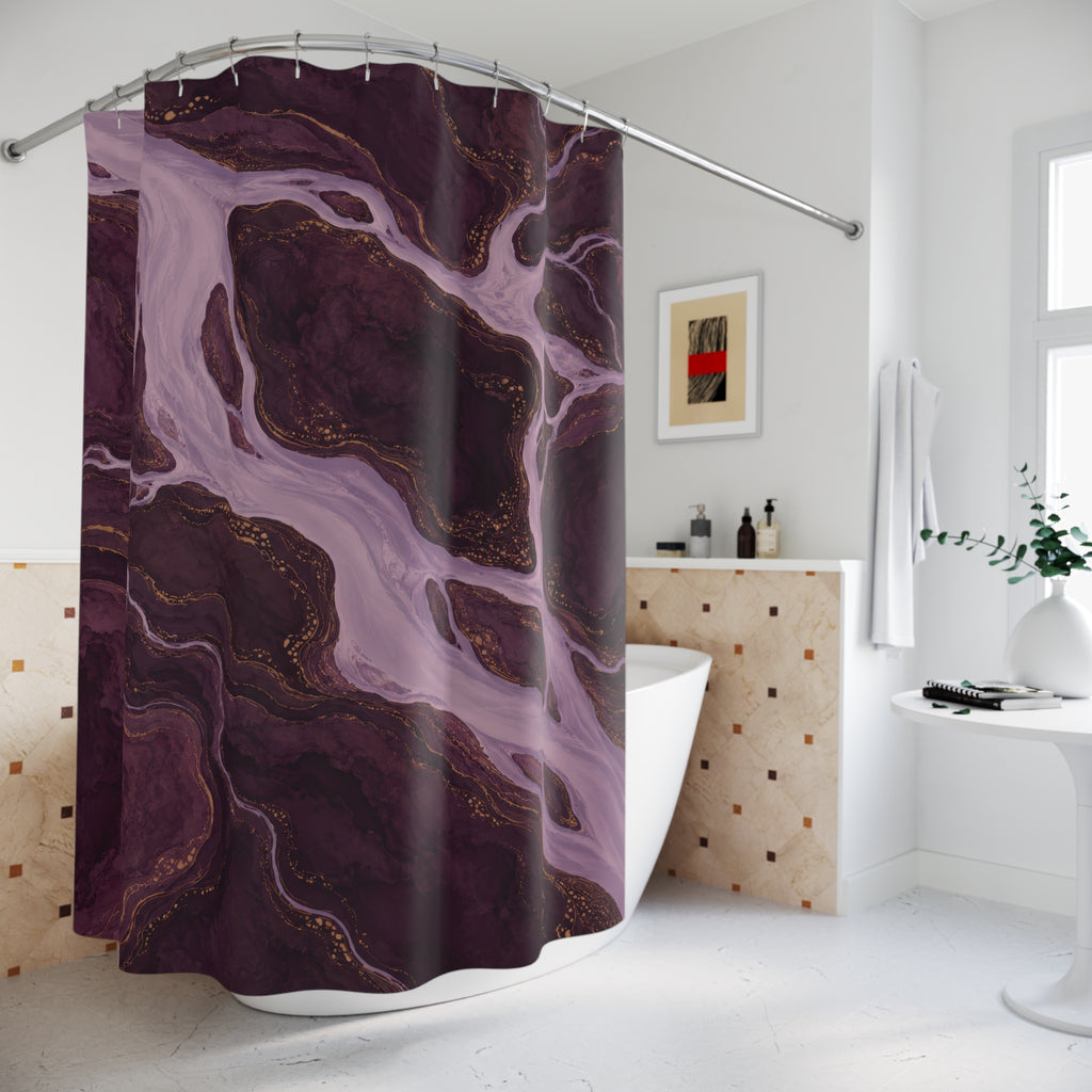 Lavender rivers around plum islands with ochre contours shower curtain beside a freestanding tub