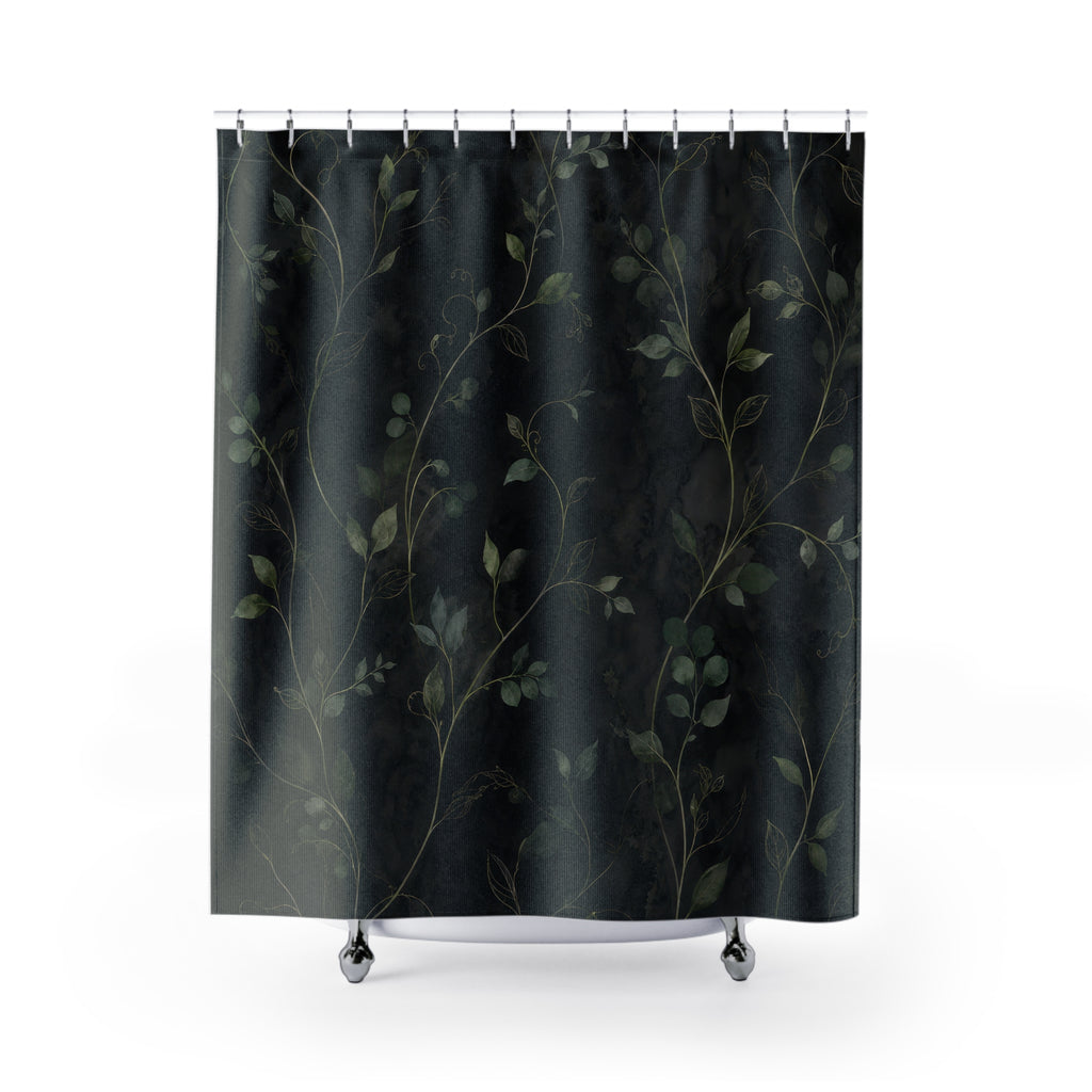 Black Green Botanical Dark Vine Floral Modern Shower Curtain