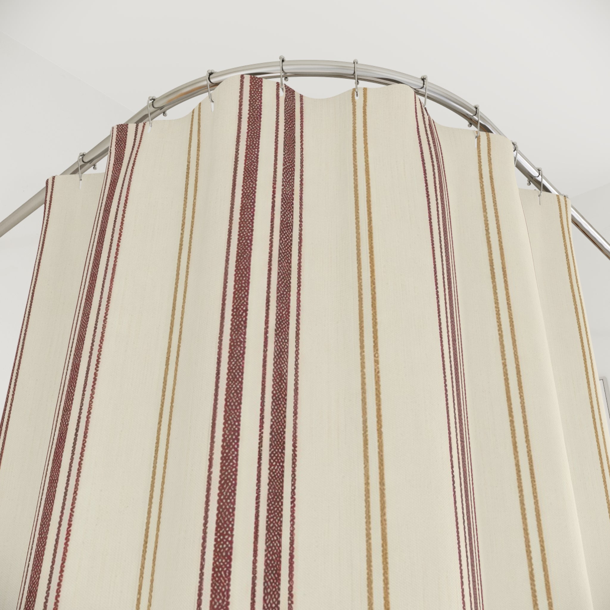 Burgundy Ticking Stripe Shower Curtain, Cream Farmhouse Bathroom Decor, Red Stripe Bath Curtain, Guest Bathroom Decor, Small Bathroom Decor
