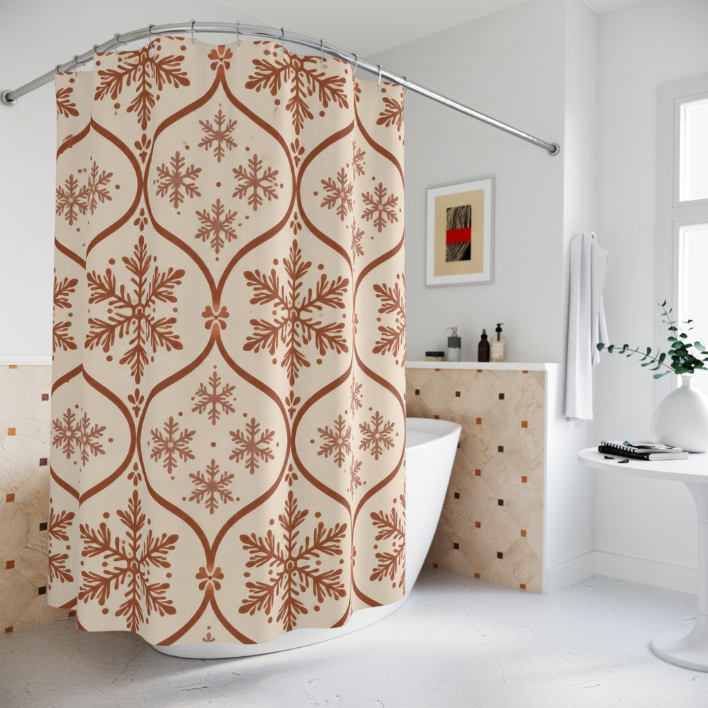Cinnamon rust snowflakes in an ogee trellis on cream shower curtain beside a freestanding tub