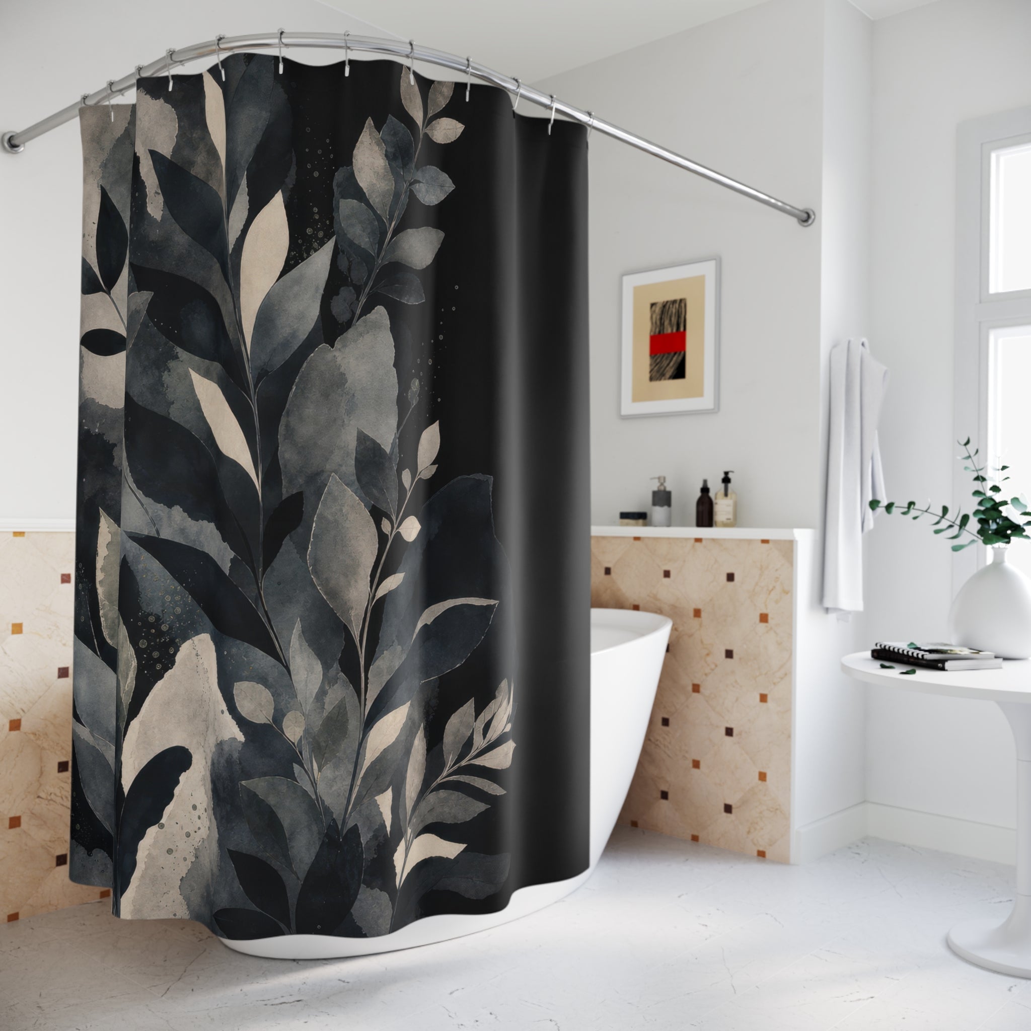 Black Botanical Shower Curtain, Blue Green Leaf Bath Decor, Cream Charcoal Branch Pattern, Moody Nature Guest Bathroom Decor Style