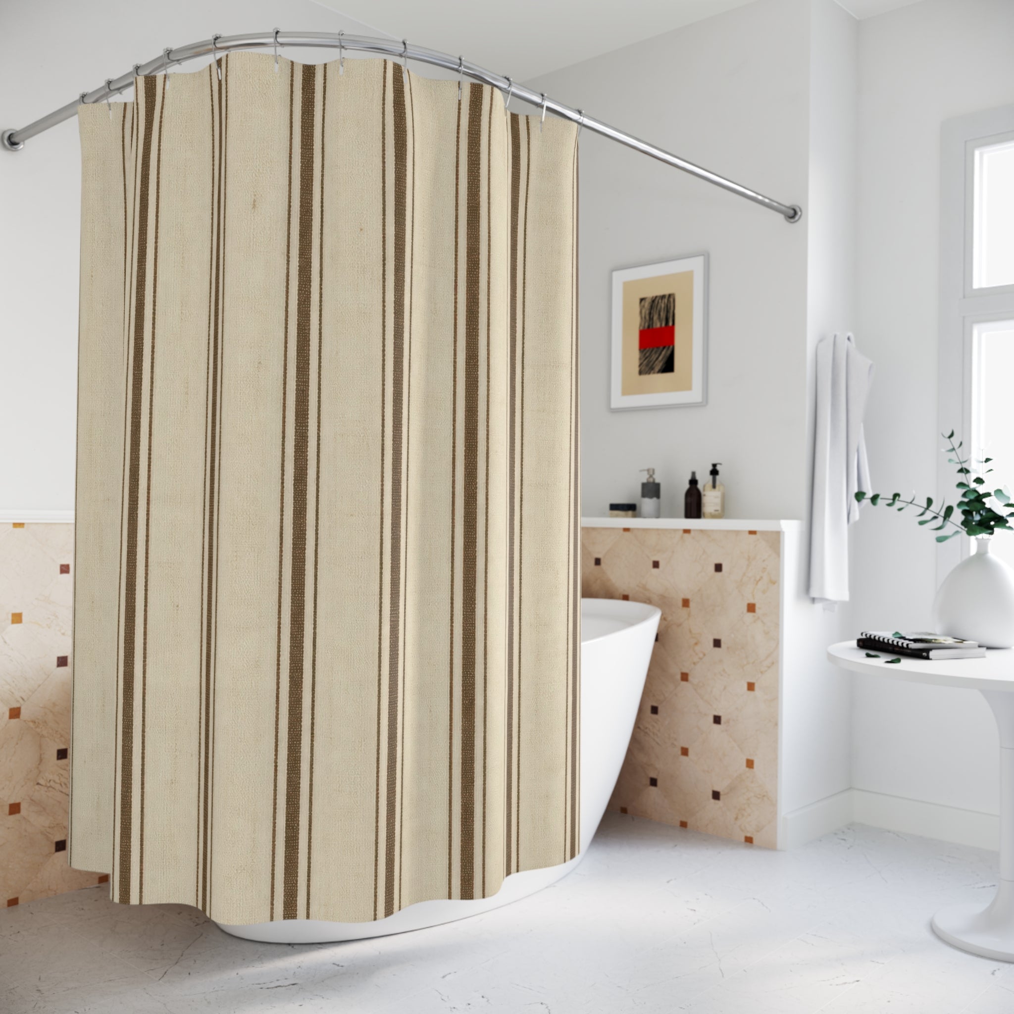 Ticking Stripe Shower Curtain, Brown Cream Farmhouse Bath Decor, Classic Vertical Line Pattern, Warm Neutral Guest Bathroom Decor Style