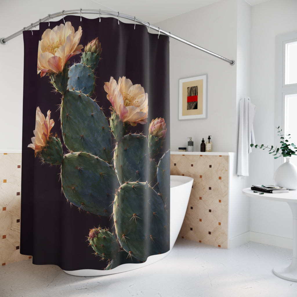 Flowering blue-green prickly pear cactus on plum shower curtain beside a freestanding tub