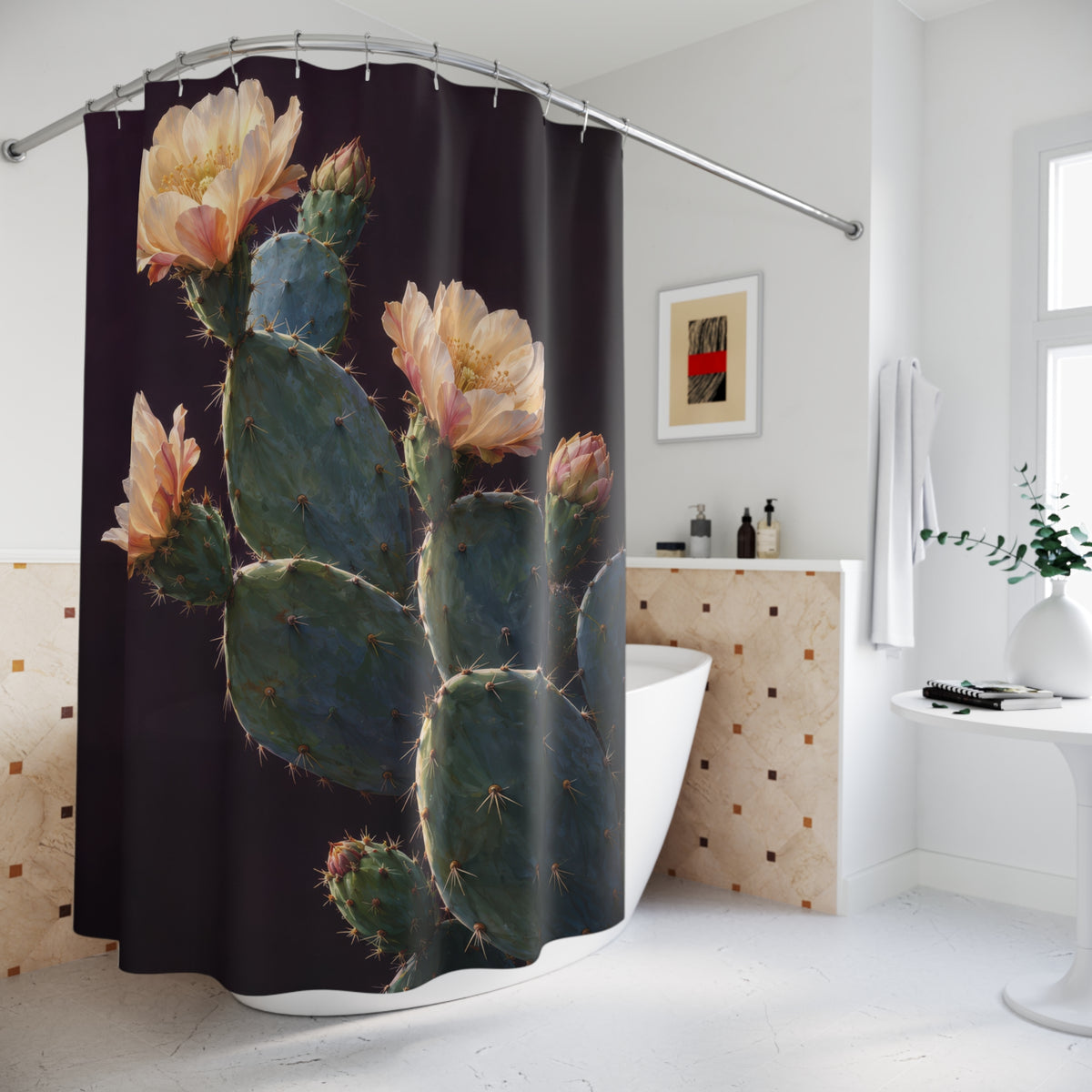 Flowering blue-green prickly pear cactus on plum shower curtain beside a freestanding tub