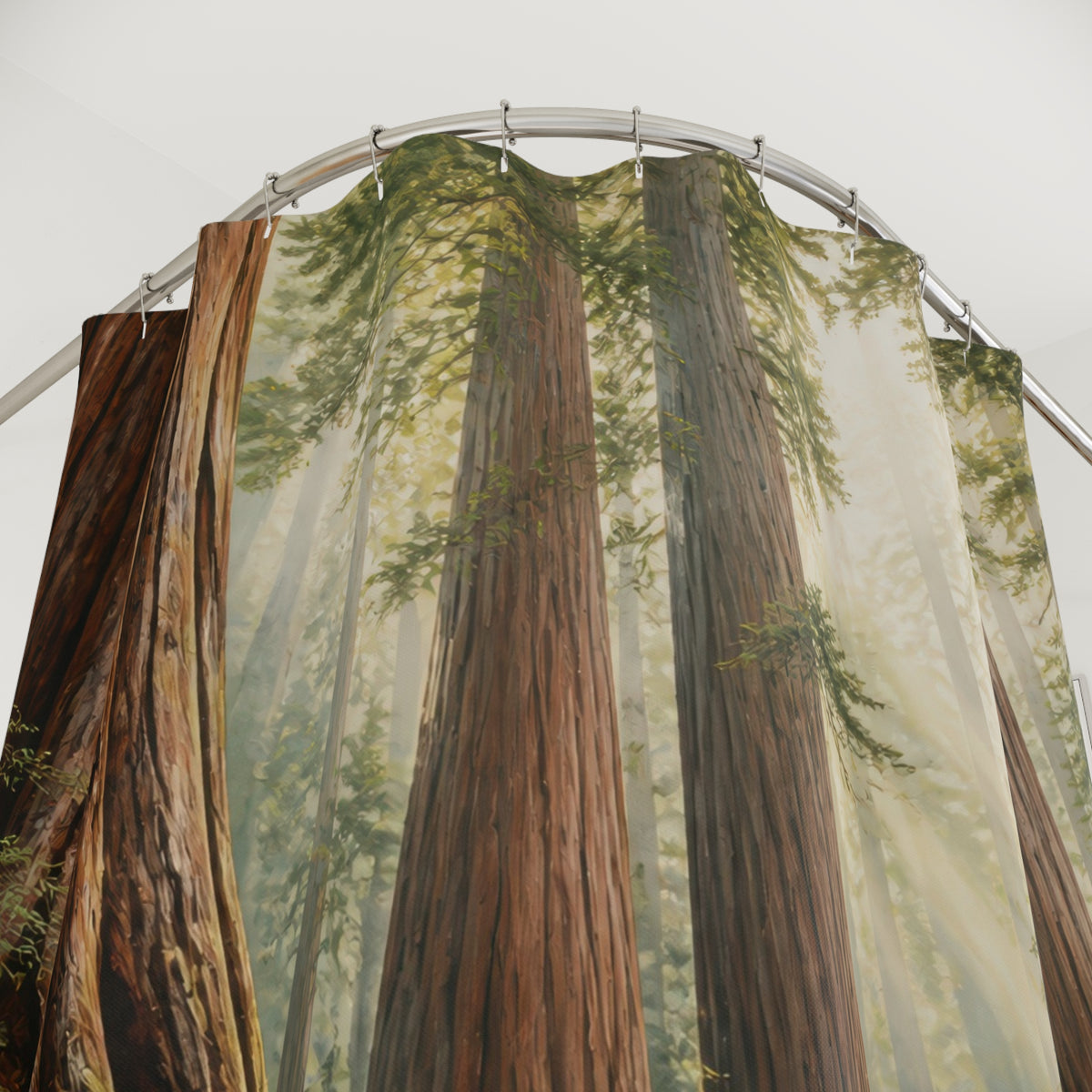 Sunlit redwood grove with ferns and wildflowers shower curtain with close-up print, hooks, and folds