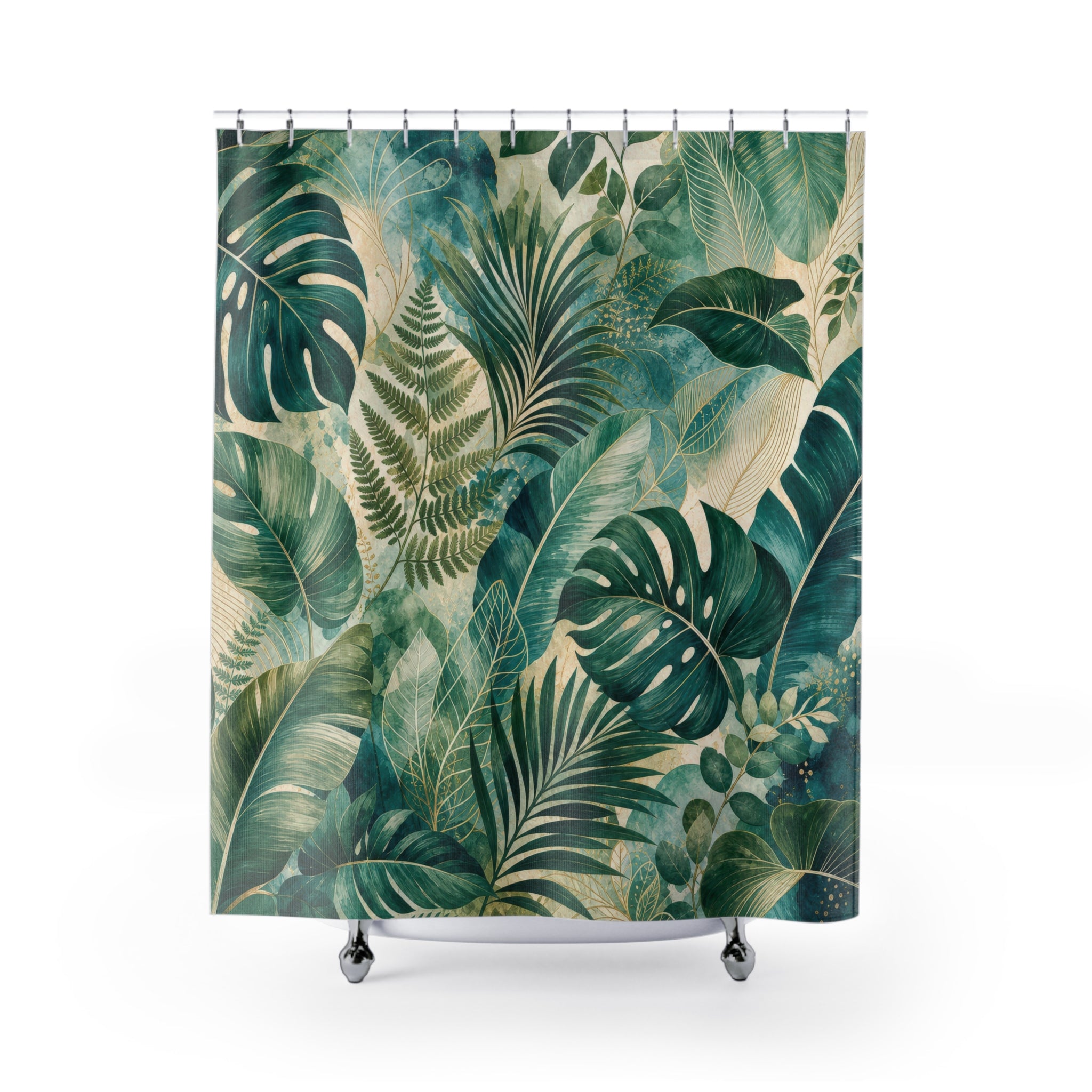 Green and Teal Shower Curtain: Tropical Leaf Pattern