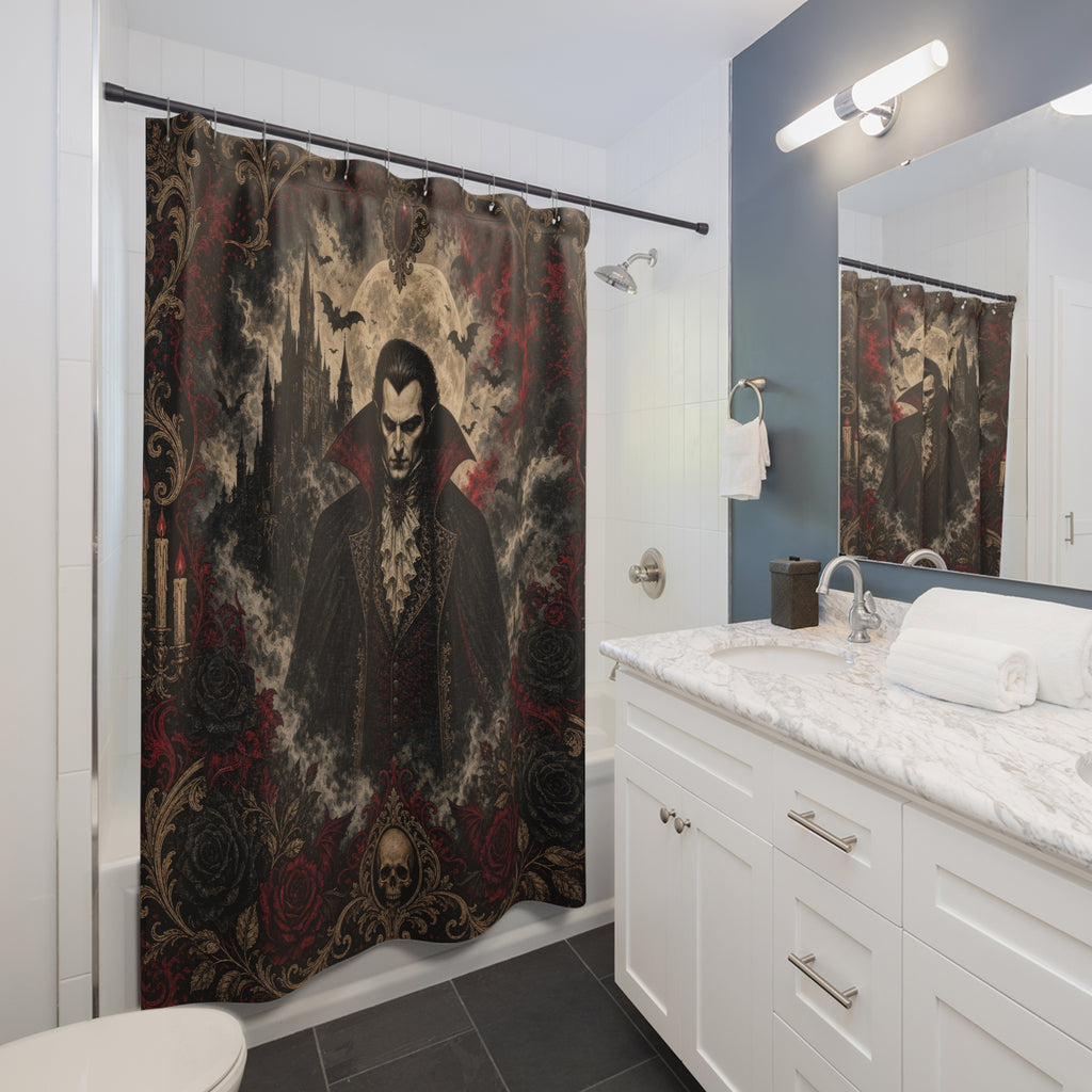 Unique Vampire Shower Curtain, Gothic Horror Portrait Art, Black Red Rose Skull Decor, Dark Spooky Guest Bath Accent, Halloween Bath