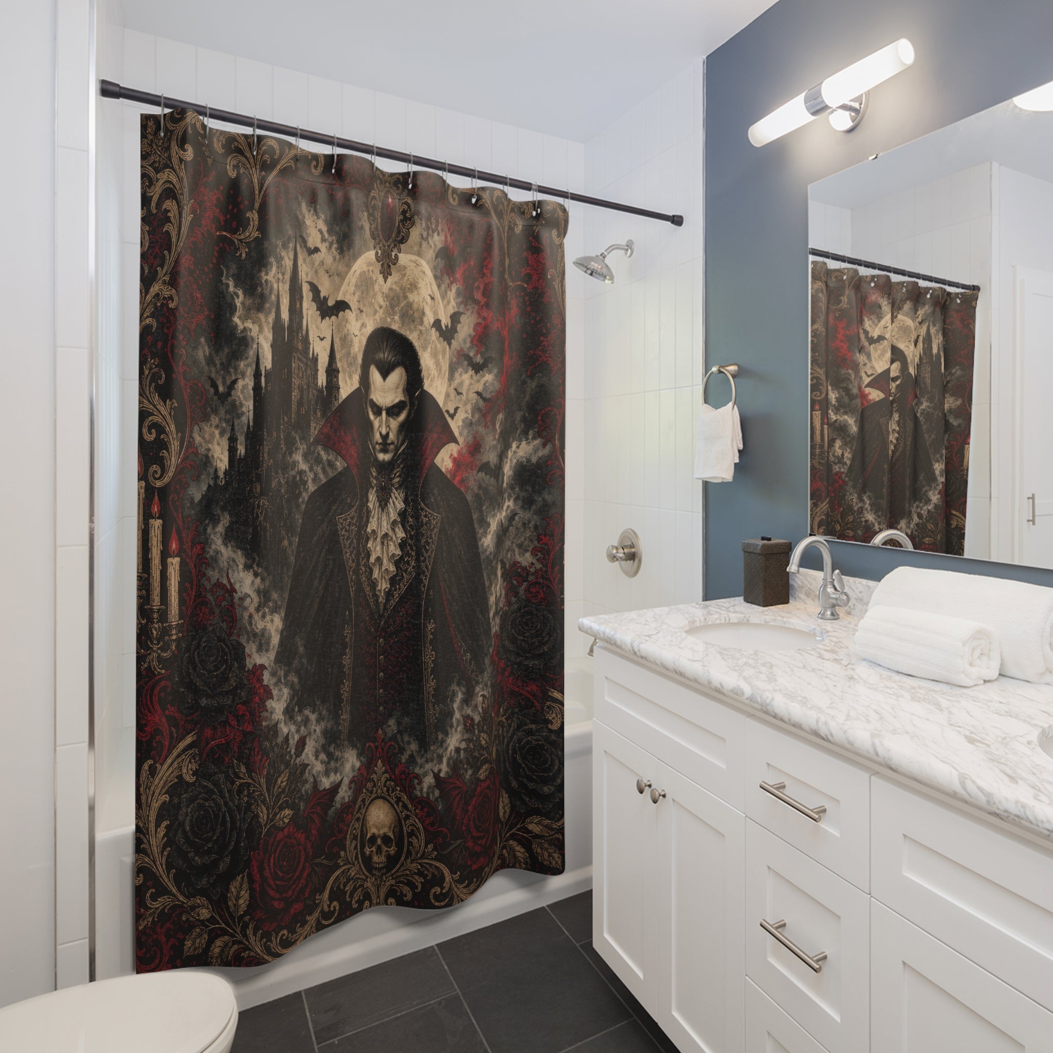 Unique Vampire Shower Curtain, Gothic Horror Portrait Art, Black Red Rose Skull Decor, Dark Spooky Guest Bath Accent, Halloween Bath