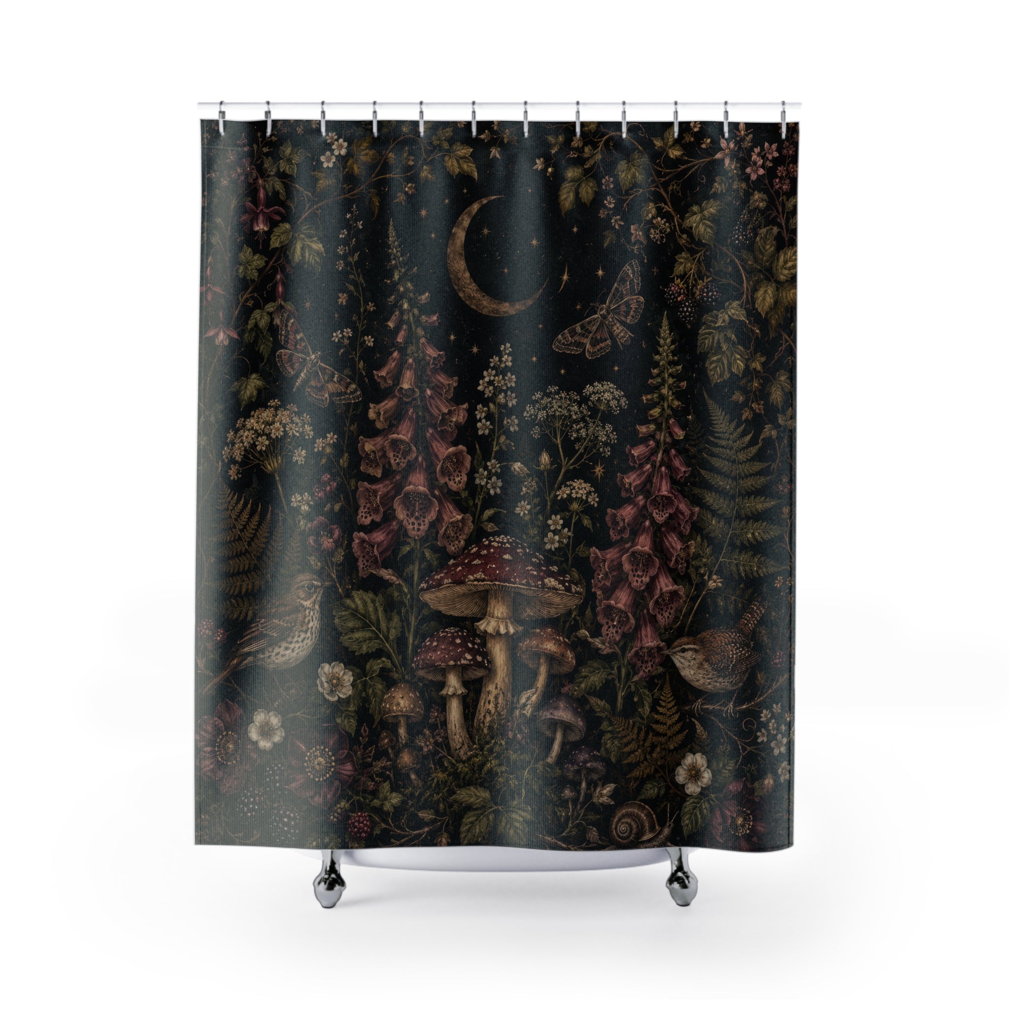 Dark Cottagecore Shower Curtain: Moonlit Mushrooms