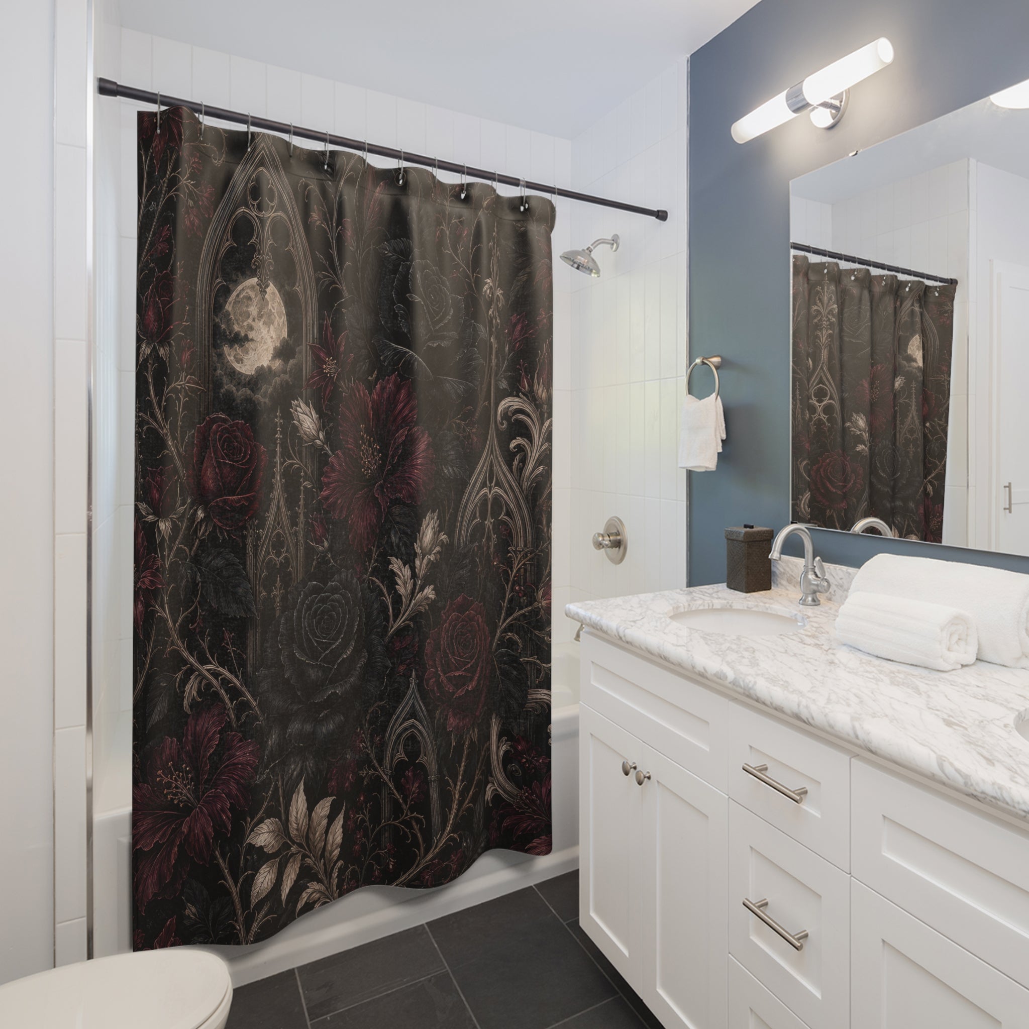 Gothic Shower Curtain: Dark Floral Botanical Pattern