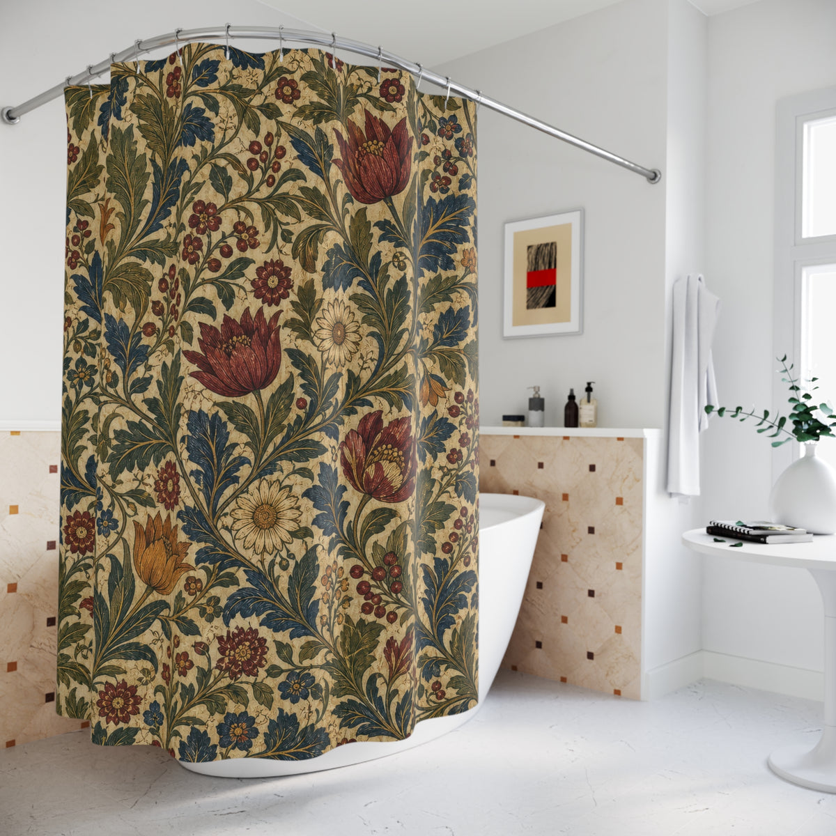 Arts and Crafts Botanical dark shower curtain beside a freestanding tub