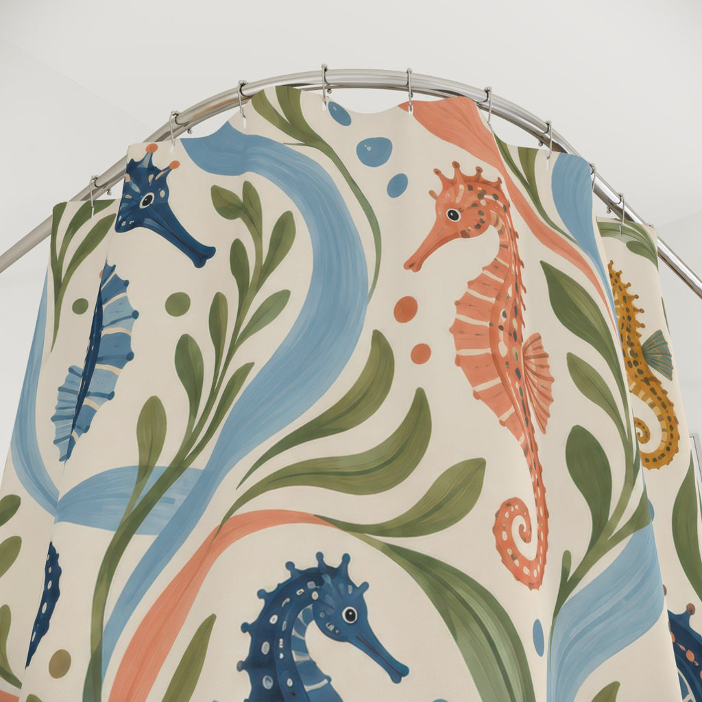 Navy coral and ochre seahorses on cream shower curtain with close-up print, hooks, and folds