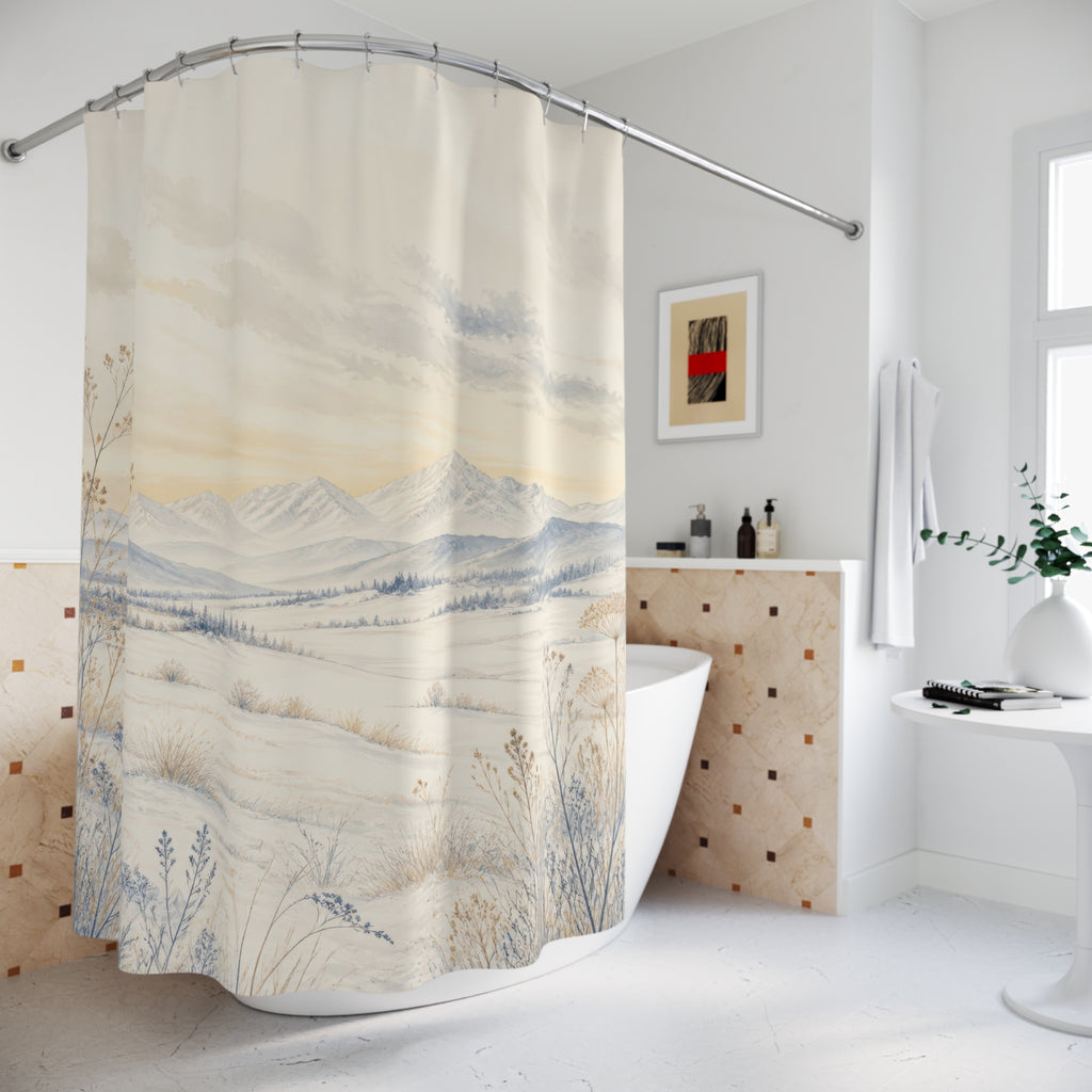 Ivory frost meadow with blue botanicals and mountains shower curtain beside a freestanding tub