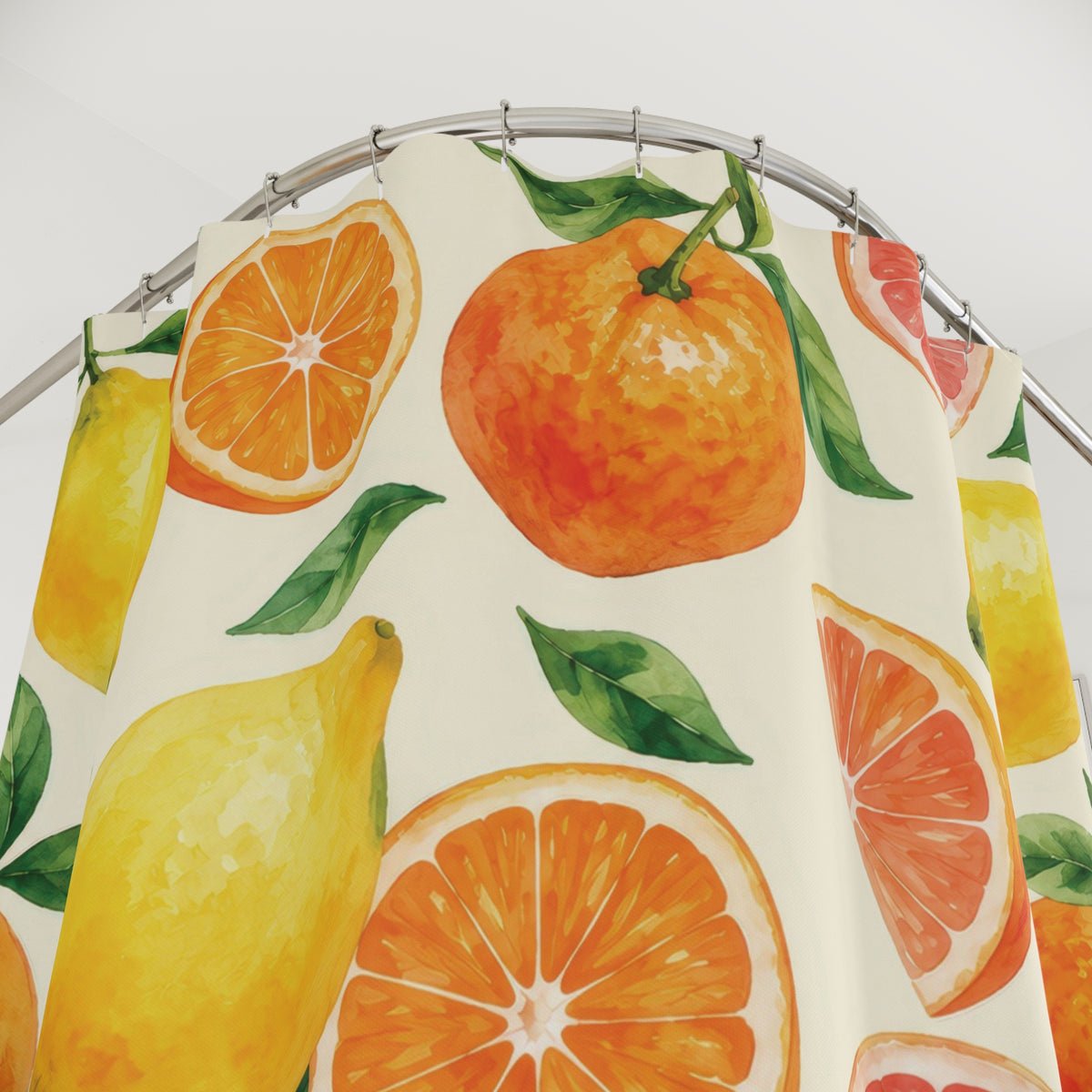 Yellow lemons, oranges and pink citrus slices with green leaves shower curtain with close-up print, hooks, and folds