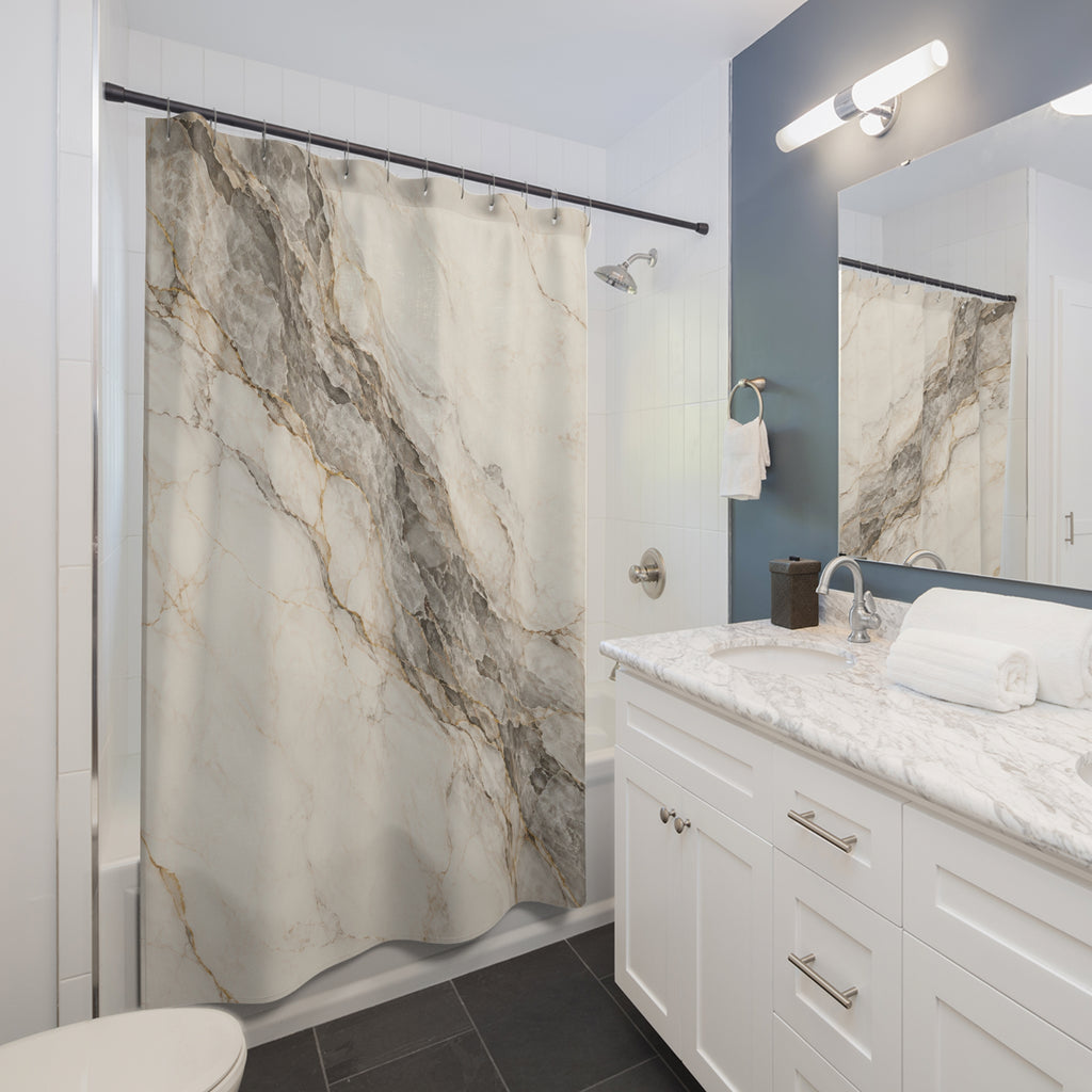 Gray and gold-tone marble veins across warm ivory shower curtain beside a white vanity