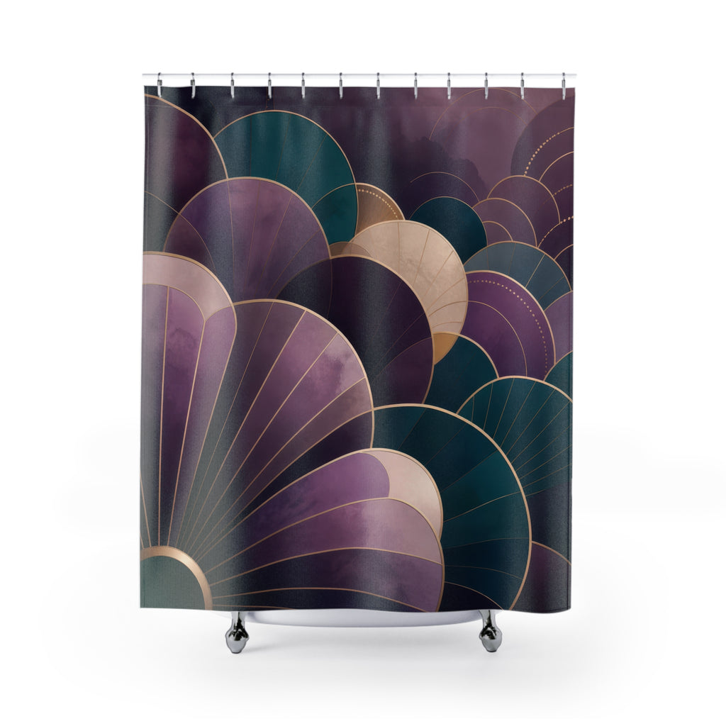 Purple and teal Neo Art Deco fan and scallop cascade shower curtain with full front view