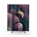 Purple and teal Neo Art Deco fan and scallop cascade shower curtain with full front view