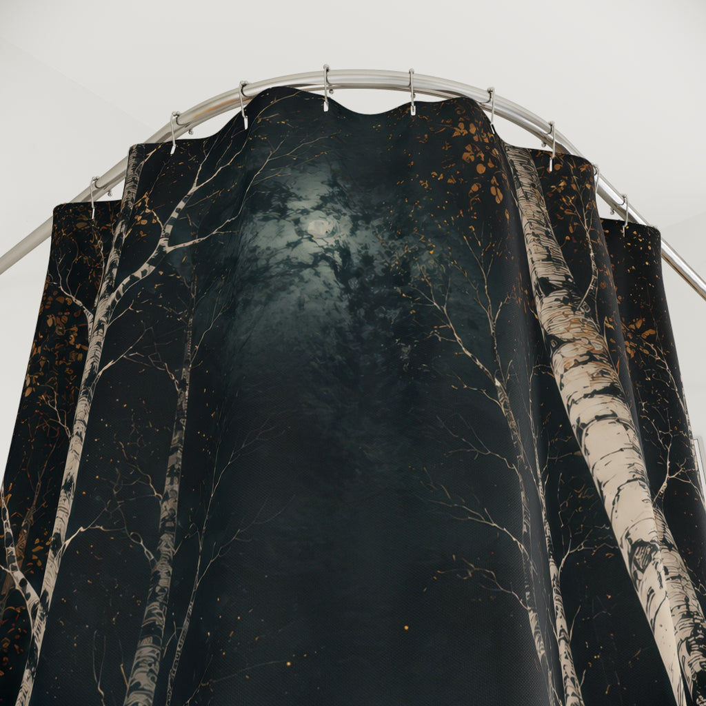 White birch nocturne with dark teal and amber shower curtain with close-up print, hooks, and folds