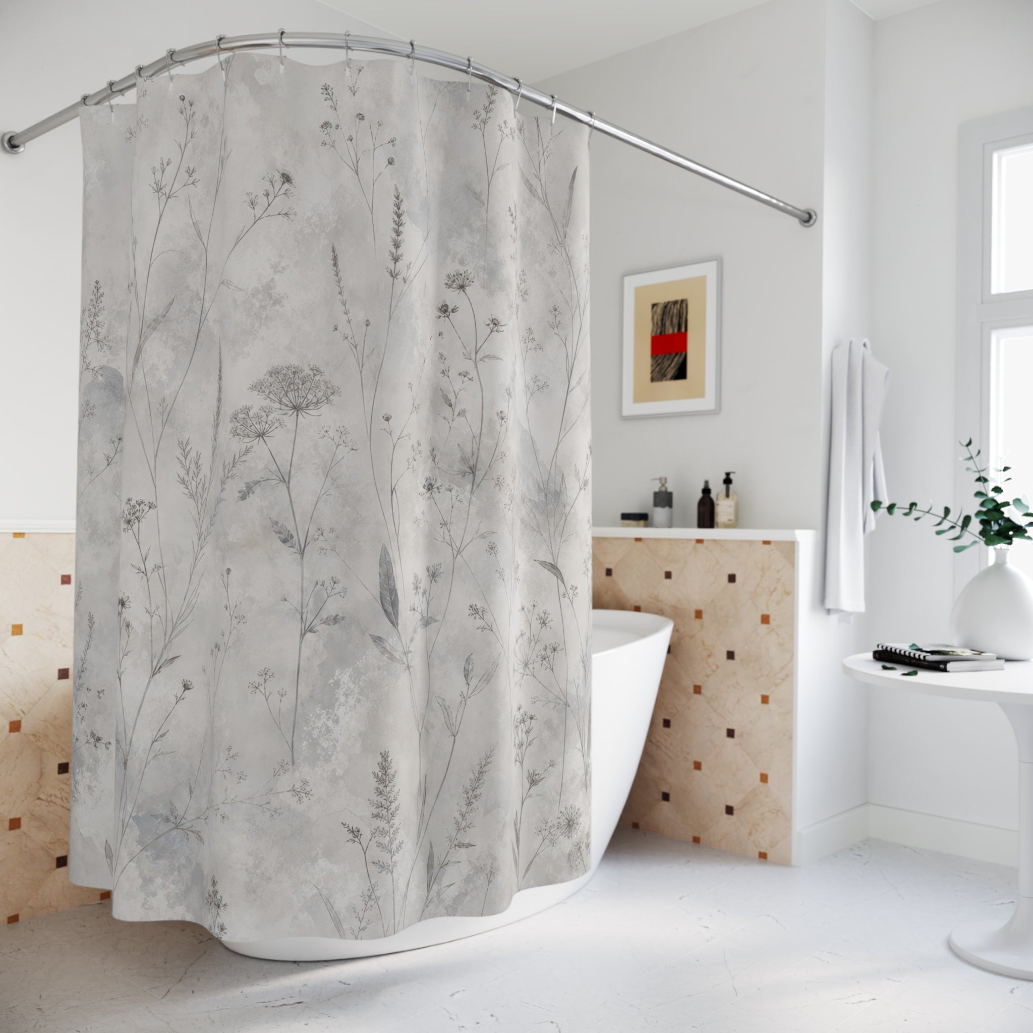 Gray Floral Botanical Shower Curtain