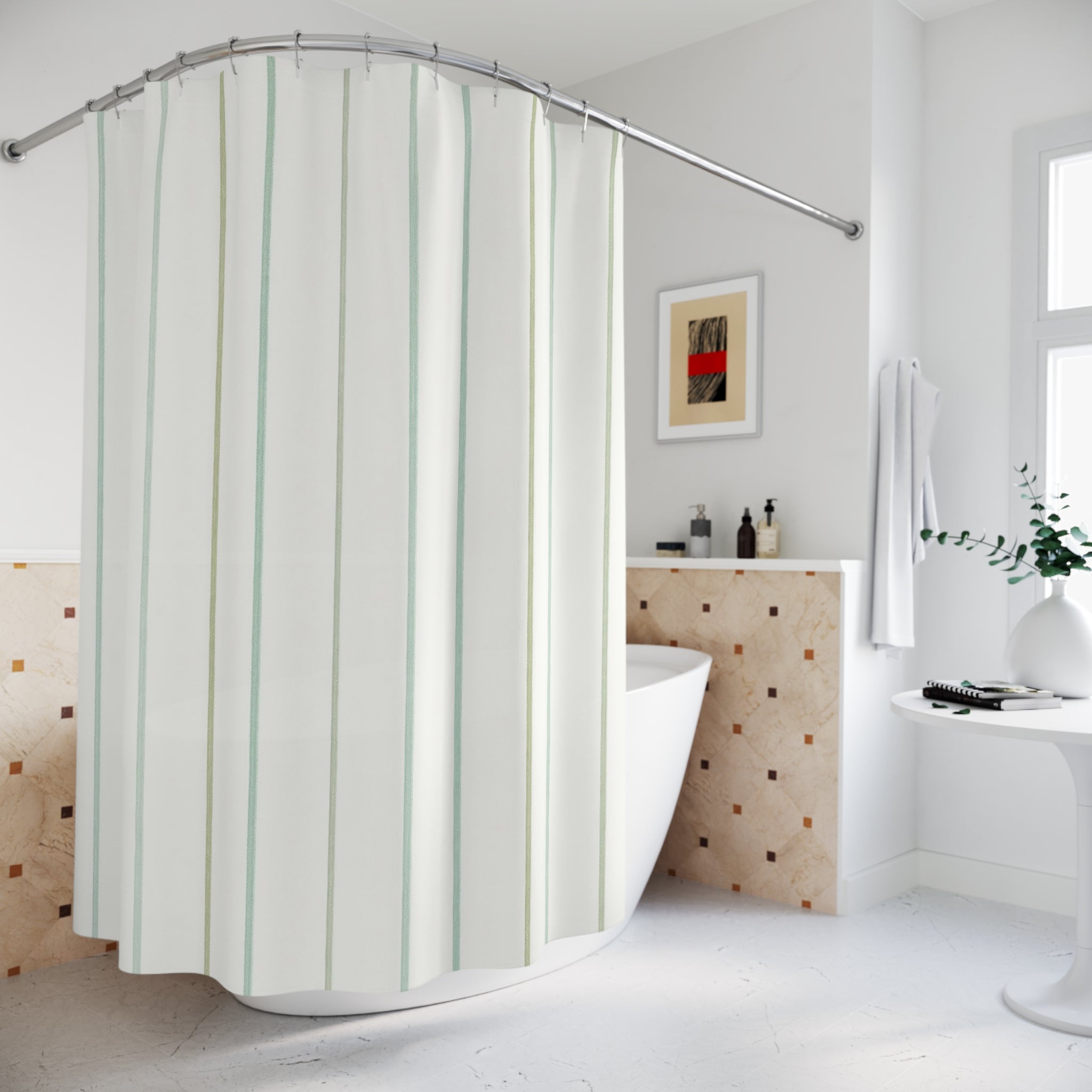 Pale Green White Pinstripe Shower Curtain