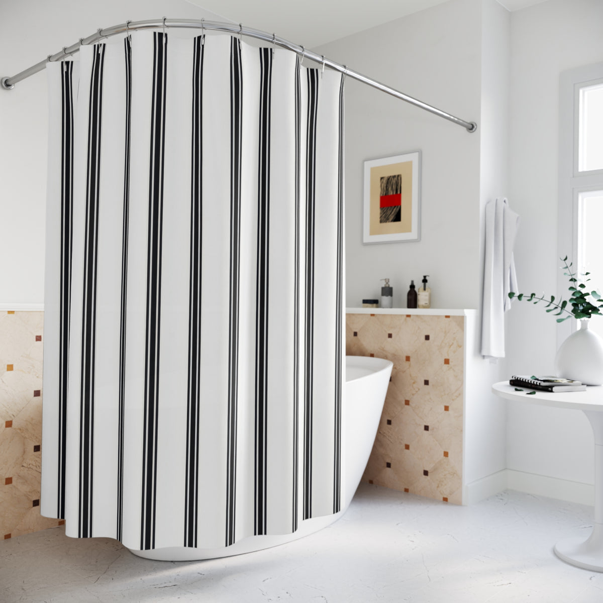 Fine black ticking stripe trios on white shower curtain beside a freestanding tub
