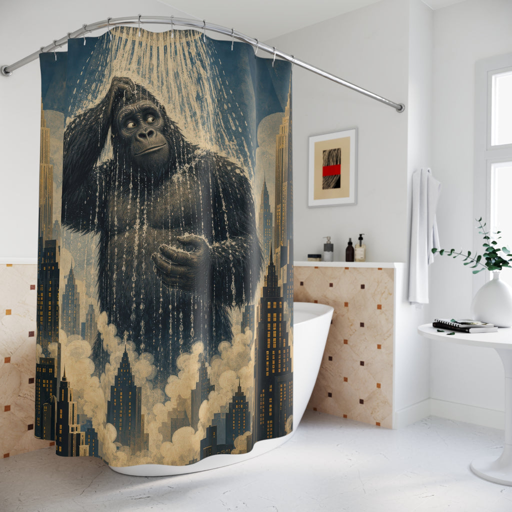 Unique Funny Gorilla Shower Curtain, Giant City Rain Bath Art, Art Deco Skyline Bathroom Humor, Surreal Guest Bath Decor Gift For Home