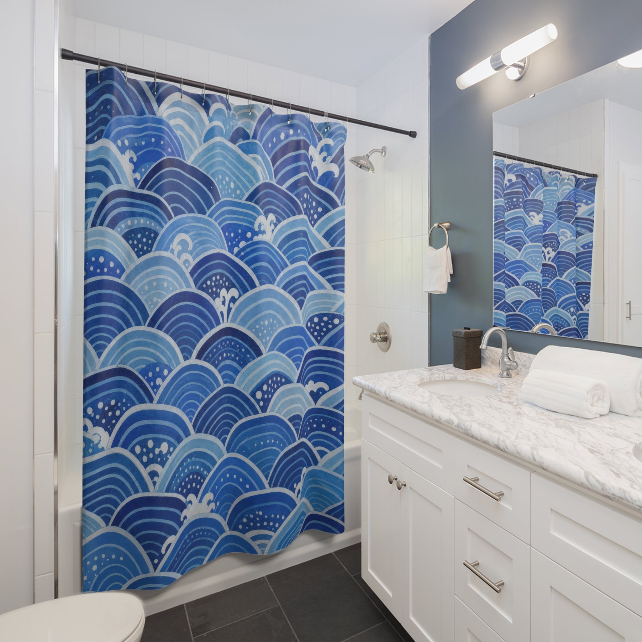 Blue Seigaiha Wave Shower Curtain, Blue Aqua Coastal Bathroom Decor, Wave Pattern Bath Curtain, Guest Bath Decor, Small Bathroom Decor