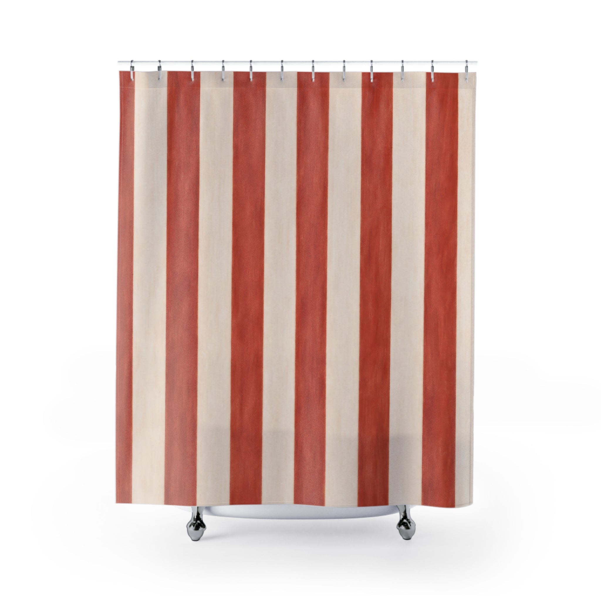 Red and White Painterly Stripe Shower Curtain