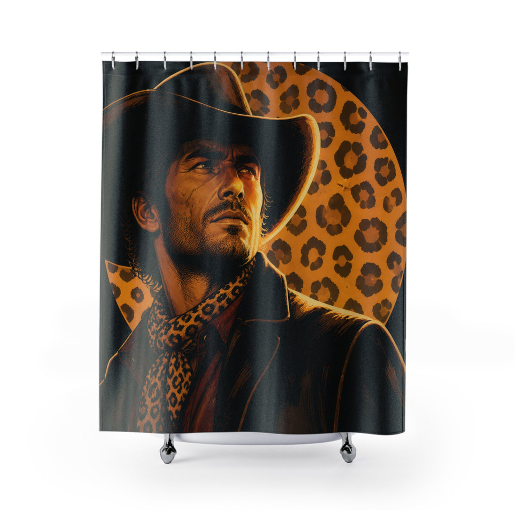 Cowboy portrait layered with bold leopard print shower curtain with full front view