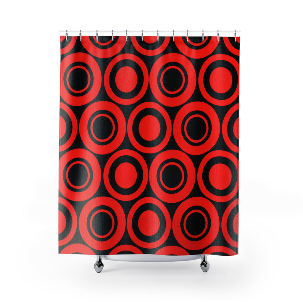 Red concentric circles and black circular bands shower curtain with full front view