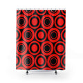 Red concentric circles and black circular bands shower curtain with full front view