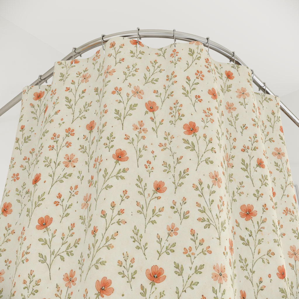 Coral Meadow Ditsy Shower Curtain, Coral Cream Botanical Bathroom Decor, Tiny Floral Bath Curtain, Guest Bathroom Decor, Small Bath Decor