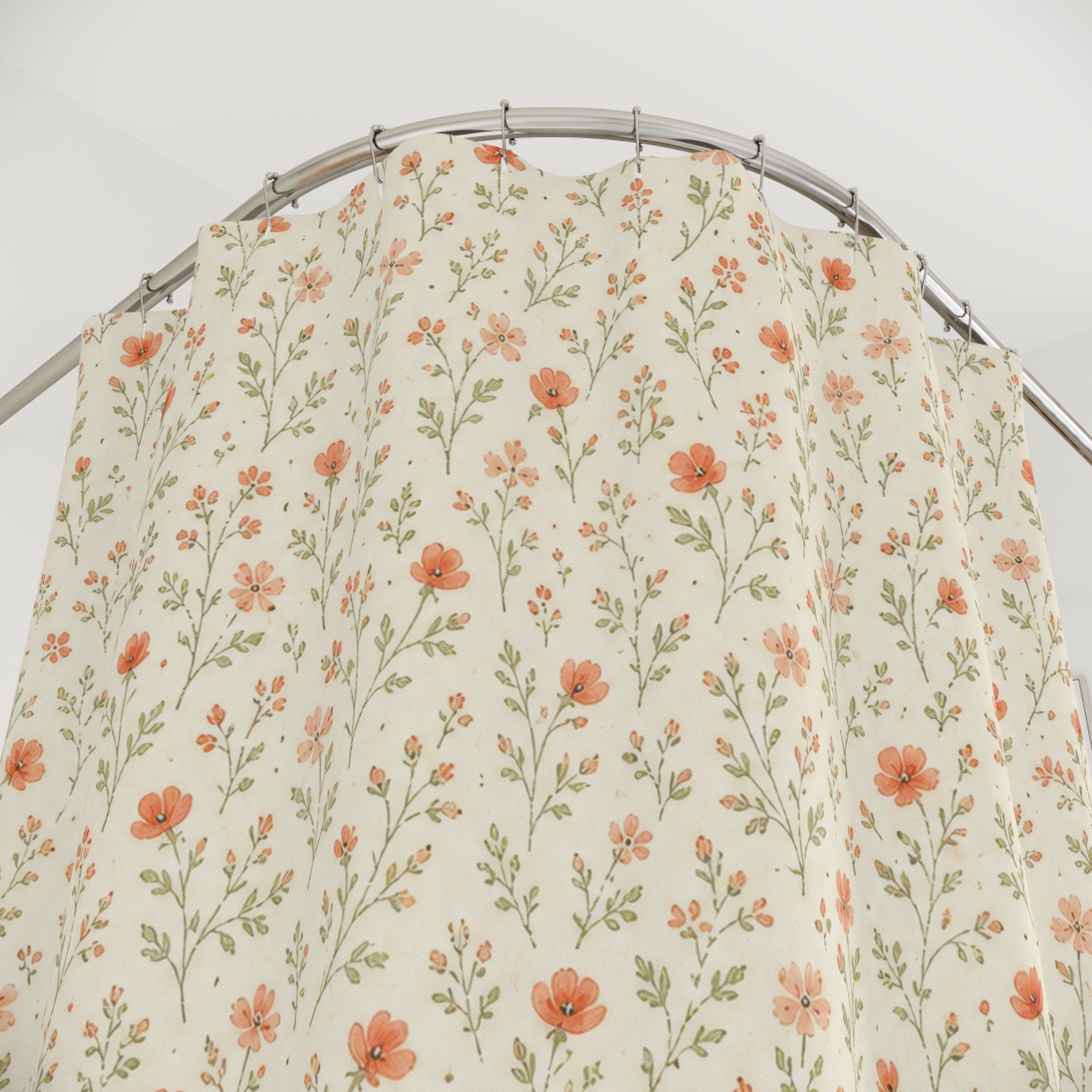 Coral Meadow Ditsy Shower Curtain, Coral Cream Botanical Bathroom Decor, Tiny Floral Bath Curtain, Guest Bathroom Decor, Small Bath Decor
