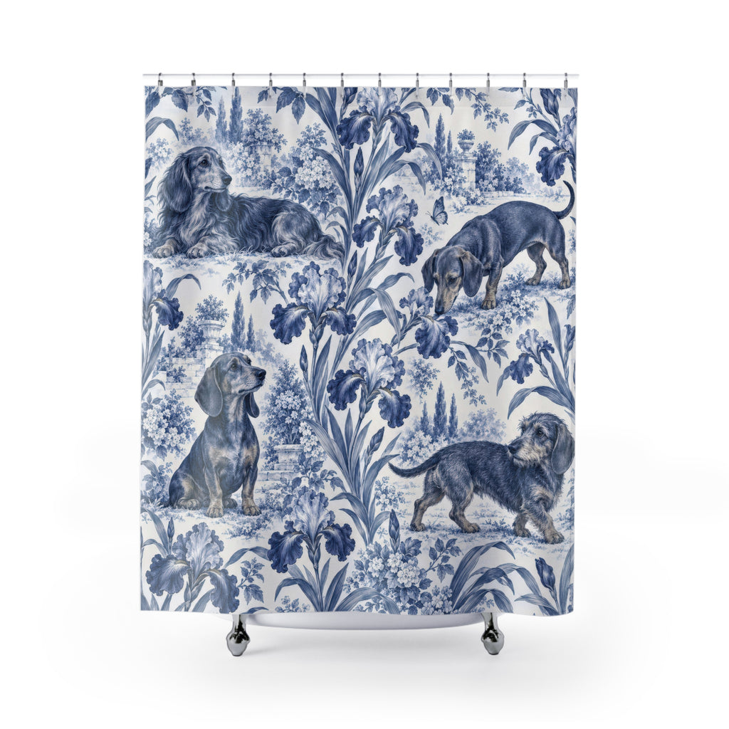 Indigo iris garden toile dachshund shower curtain with full front view