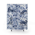 Indigo iris garden toile dachshund shower curtain with full front view