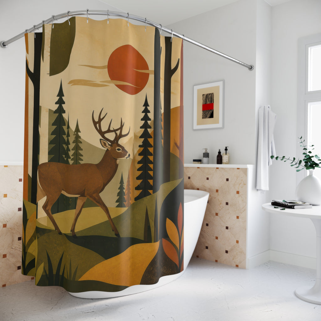 Mid century buck in a warm graphic woodland shower curtain beside a freestanding tub